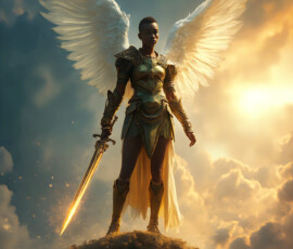 AI-generated holy archangel art — beautiful divine female angels with massive feathered wings and golden halos in cinematic celestial settings. UHD by Jeff Dupler.