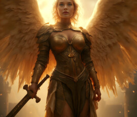 AI-generated holy archangel art — beautiful divine female angels with massive feathered wings and golden halos in cinematic celestial settings. UHD by Jeff Dupler.