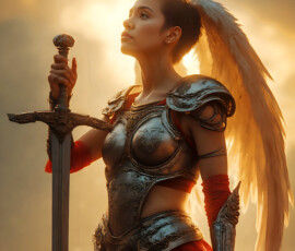 AI-generated holy archangel art — beautiful divine female angels with massive feathered wings and golden halos in cinematic celestial settings. UHD by Jeff Dupler.