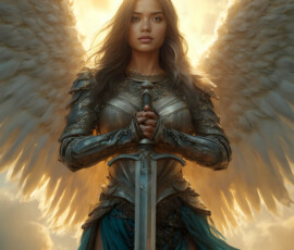 AI-generated holy archangel art — beautiful divine female angels with massive feathered wings and golden halos in cinematic celestial settings. UHD by Jeff Dupler.