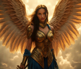 AI-generated holy archangel art — beautiful divine female angels with massive feathered wings and golden halos in cinematic celestial settings. UHD by Jeff Dupler.