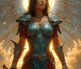 AI-generated holy archangel art — beautiful divine female angels with massive feathered wings and golden halos in cinematic celestial settings. UHD by Jeff Dupler.