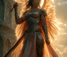 AI-generated holy archangel art — beautiful divine female angels with massive feathered wings and golden halos in cinematic celestial settings. UHD by Jeff Dupler.