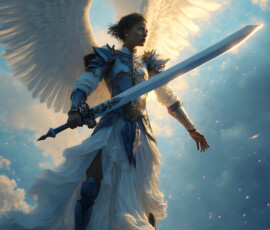 AI-generated holy archangel art — beautiful divine female angels with massive feathered wings and golden halos in cinematic celestial settings. UHD by Jeff Dupler.