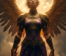 AI-generated holy archangel art — beautiful divine female angels with massive feathered wings and golden halos in cinematic celestial settings. UHD by Jeff Dupler.