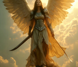 AI-generated holy archangel art — beautiful divine female angels with massive feathered wings and golden halos in cinematic celestial settings. UHD by Jeff Dupler.