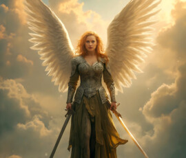 AI-generated holy archangel art — beautiful divine female angels with massive feathered wings and golden halos in cinematic celestial settings. UHD by Jeff Dupler.