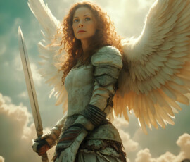 AI-generated holy archangel art — beautiful divine female angels with massive feathered wings and golden halos in cinematic celestial settings. UHD by Jeff Dupler.