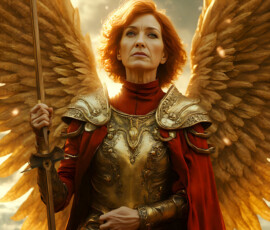 AI-generated holy archangel art — beautiful divine female angels with massive feathered wings and golden halos in cinematic celestial settings. UHD by Jeff Dupler.