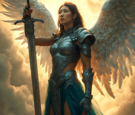 AI-generated holy archangel art — beautiful divine female angels with massive feathered wings and golden halos in cinematic celestial settings. UHD by Jeff Dupler.