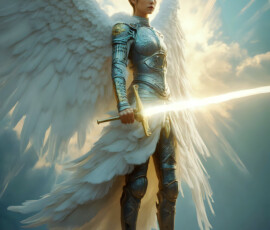 AI-generated holy archangel art — beautiful divine female angels with massive feathered wings and golden halos in cinematic celestial settings. UHD by Jeff Dupler.