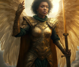 AI-generated holy archangel art — beautiful divine female angels with massive feathered wings and golden halos in cinematic celestial settings. UHD by Jeff Dupler.