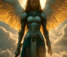 AI-generated holy archangel art — beautiful divine female angels with massive feathered wings and golden halos in cinematic celestial settings. UHD by Jeff Dupler.