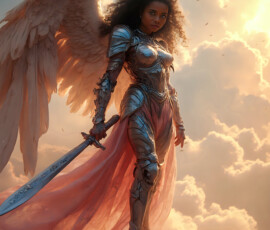 AI-generated holy archangel art — beautiful divine female angels with massive feathered wings and golden halos in cinematic celestial settings. UHD by Jeff Dupler.