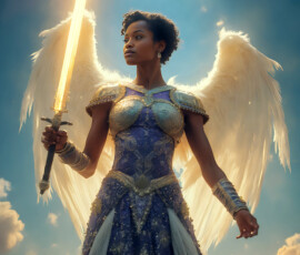 AI-generated holy archangel art — beautiful divine female angels with massive feathered wings and golden halos in cinematic celestial settings. UHD by Jeff Dupler.