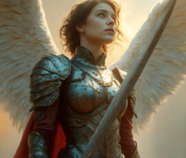 AI-generated holy archangel art — beautiful divine female angels with massive feathered wings and golden halos in cinematic celestial settings. UHD by Jeff Dupler.