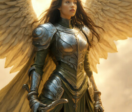 AI-generated holy archangel art — beautiful divine female angels with massive feathered wings and golden halos in cinematic celestial settings. UHD by Jeff Dupler.