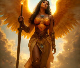AI-generated holy archangel art — beautiful divine female angels with massive feathered wings and golden halos in cinematic celestial settings. UHD by Jeff Dupler.