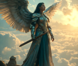 AI-generated holy archangel art — beautiful divine female angels with massive feathered wings and golden halos in cinematic celestial settings. UHD by Jeff Dupler.