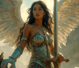 AI-generated holy archangel art — beautiful divine female angels with massive feathered wings and golden halos in cinematic celestial settings. UHD by Jeff Dupler.