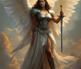 AI-generated holy archangel art — beautiful divine female angels with massive feathered wings and golden halos in cinematic celestial settings. UHD by Jeff Dupler.