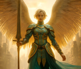 AI-generated holy archangel art — beautiful divine female angels with massive feathered wings and golden halos in cinematic celestial settings. UHD by Jeff Dupler.