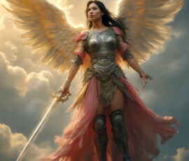 AI-generated holy archangel art — beautiful divine female angels with massive feathered wings and golden halos in cinematic celestial settings. UHD by Jeff Dupler.