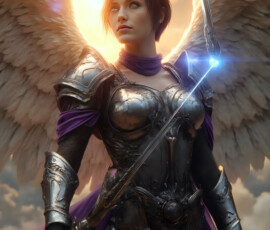 AI-generated holy archangel art — beautiful divine female angels with massive feathered wings and golden halos in cinematic celestial settings. UHD by Jeff Dupler.