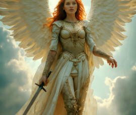 AI-generated holy archangel art — beautiful divine female angels with massive feathered wings and golden halos in cinematic celestial settings. UHD by Jeff Dupler.