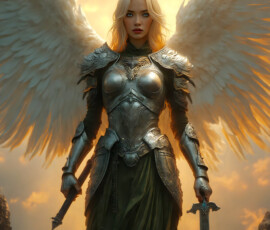 AI-generated holy archangel art — beautiful divine female angels with massive feathered wings and golden halos in cinematic celestial settings. UHD by Jeff Dupler.
