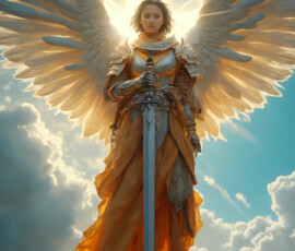 AI-generated holy archangel art — beautiful divine female angels with massive feathered wings and golden halos in cinematic celestial settings. UHD by Jeff Dupler.