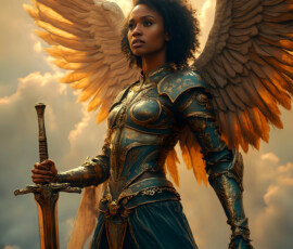 AI-generated holy archangel art — beautiful divine female angels with massive feathered wings and golden halos in cinematic celestial settings. UHD by Jeff Dupler.