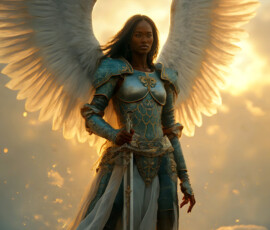 AI-generated holy archangel art — beautiful divine female angels with massive feathered wings and golden halos in cinematic celestial settings. UHD by Jeff Dupler.