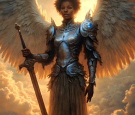 AI-generated holy archangel art — beautiful divine female angels with massive feathered wings and golden halos in cinematic celestial settings. UHD by Jeff Dupler.