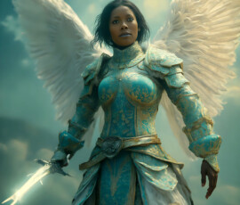 AI-generated holy archangel art — beautiful divine female angels with massive feathered wings and golden halos in cinematic celestial settings. UHD by Jeff Dupler.