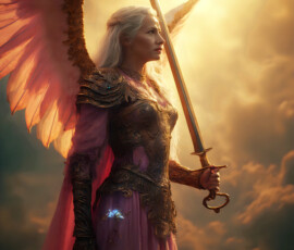AI-generated holy archangel art — beautiful divine female angels with massive feathered wings and golden halos in cinematic celestial settings. UHD by Jeff Dupler.