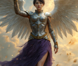 AI-generated holy archangel art — beautiful divine female angels with massive feathered wings and golden halos in cinematic celestial settings. UHD by Jeff Dupler.