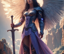 AI-generated holy archangel art — beautiful divine female angels with massive feathered wings and golden halos in cinematic celestial settings. UHD by Jeff Dupler.