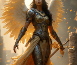 AI-generated holy archangel art — beautiful divine female angels with massive feathered wings and golden halos in cinematic celestial settings. UHD by Jeff Dupler.