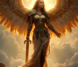 AI-generated holy archangel art — beautiful divine female angels with massive feathered wings and golden halos in cinematic celestial settings. UHD by Jeff Dupler.