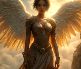 AI-generated holy archangel art — beautiful divine female angels with massive feathered wings and golden halos in cinematic celestial settings. UHD by Jeff Dupler.