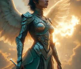 AI-generated holy archangel art — beautiful divine female angels with massive feathered wings and golden halos in cinematic celestial settings. UHD by Jeff Dupler.