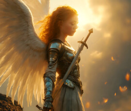 AI-generated holy archangel art — beautiful divine female angels with massive feathered wings and golden halos in cinematic celestial settings. UHD by Jeff Dupler.