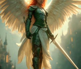 AI-generated holy archangel art — beautiful divine female angels with massive feathered wings and golden halos in cinematic celestial settings. UHD by Jeff Dupler.