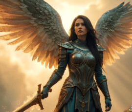 AI-generated holy archangel art — beautiful divine female angels with massive feathered wings and golden halos in cinematic celestial settings. UHD by Jeff Dupler.