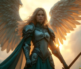 AI-generated holy archangel art — beautiful divine female angels with massive feathered wings and golden halos in cinematic celestial settings. UHD by Jeff Dupler.