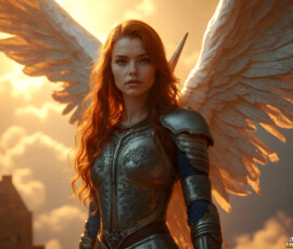 AI-generated holy archangel art — beautiful divine female angels with massive feathered wings and golden halos in cinematic celestial settings. UHD by Jeff Dupler.