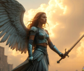 AI-generated holy archangel art — beautiful divine female angels with massive feathered wings and golden halos in cinematic celestial settings. UHD by Jeff Dupler.