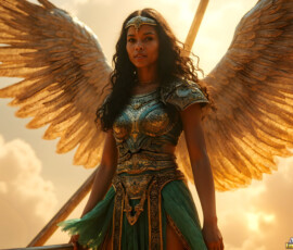 AI-generated holy archangel art — beautiful divine female angels with massive feathered wings and golden halos in cinematic celestial settings. UHD by Jeff Dupler.