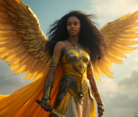 AI-generated holy archangel art — beautiful divine female angels with massive feathered wings and golden halos in cinematic celestial settings. UHD by Jeff Dupler.